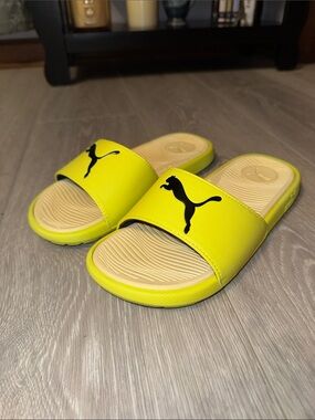Puma Bright Yellow Slide Sandals with Black Logo